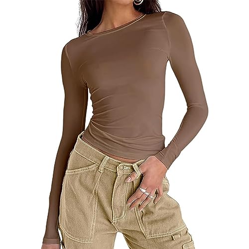 Damen Langarmshirt Elegant Oberteil Y2k Fashion Crop Top Sexy Langarm T-Shirt Bluse Aesthetic Clothes(Braun,M) von OYIGELZ