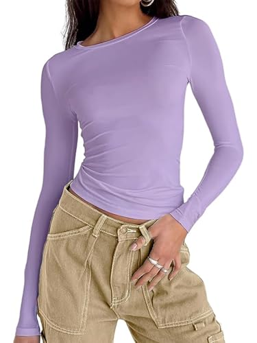 Damen Langarmshirt Elegant Oberteil Y2k Fashion Crop Top Sexy Langarm T-Shirt Bluse Aesthetic Clothes(Lila,S) von OYIGELZ