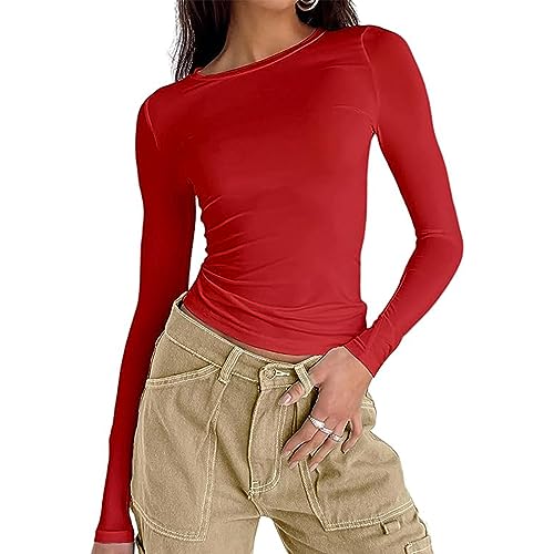 Damen Langarmshirt Elegant Oberteil Y2k Fashion Crop Top Sexy Langarm T-Shirt Bluse Aesthetic Clothes(Rot,L) von OYIGELZ