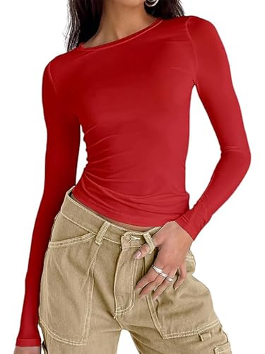 Damen Langarmshirt Elegant Oberteil Y2k Fashion Crop Top Sexy Langarm T-Shirt Bluse Aesthetic Clothes(Rot,S) von OYIGELZ