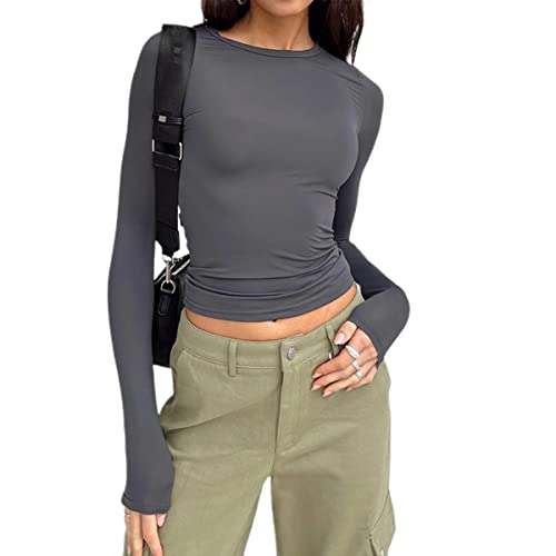 Langarmshirt Damen Rundhals Slim Fit Top T-Shirt Y2K Oberteile Einfarbig Basic Crop Tops Influencer T-Shirt Top Casual Teenager Streetwear(L,Grau) von OYIGELZ