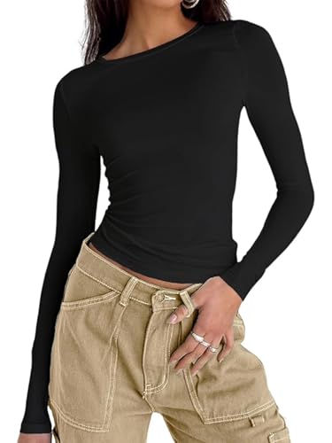 Langarmshirt Damen Rundhals Slim Fit Top T-Shirt Y2K Oberteile Einfarbig Basic Crop Tops Influencer T-Shirt Top Casual Teenager Streetwear(L,Schwarz) von OYIGELZ