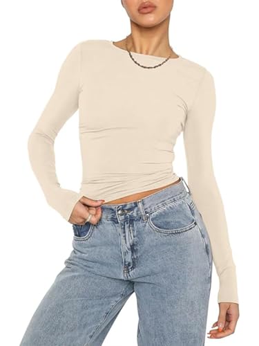 OYIGELZ Damen Langarmshirt Rundhals Slim Fit Y2K Oberteile Basic Crop Tops Casual Streetwear t Shirt(Aprikose-06,L) von OYIGELZ