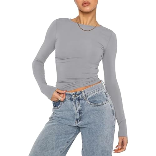 OYIGELZ Damen Langarmshirt Rundhals Slim Fit Y2K Oberteile Basic Crop Tops Casual Streetwear t Shirt(HellGrau-06,L) von OYIGELZ