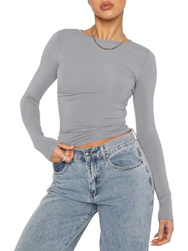 OYIGELZ Damen Langarmshirt Rundhals Slim Fit Y2K Oberteile Basic Crop Tops Casual Streetwear t Shirt(HellGrau-06,L) von OYIGELZ