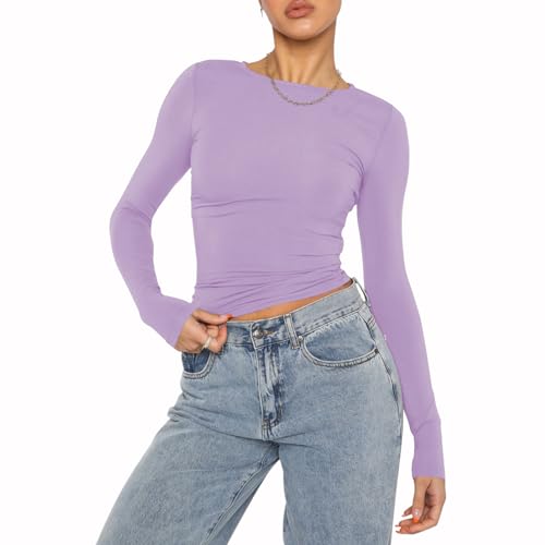 OYIGELZ Damen Langarmshirt Rundhals Slim Fit Y2K Oberteile Basic Crop Tops Casual Streetwear t Shirt(HellLila-06,L) von OYIGELZ