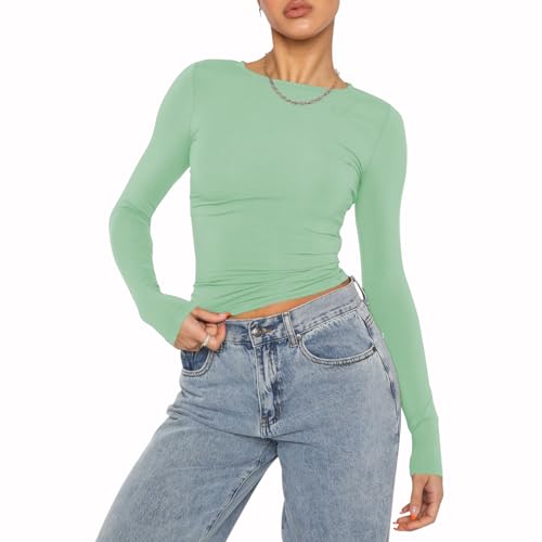 OYIGELZ Damen Langarmshirt Rundhals Slim Fit Y2K Oberteile Basic Crop Tops Casual Streetwear t Shirt(Hellgrün-06,L) von OYIGELZ