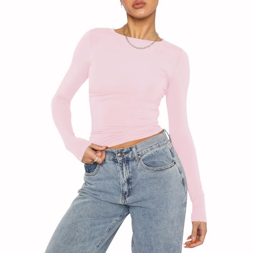 OYIGELZ Damen Langarmshirt Rundhals Slim Fit Y2K Oberteile Basic Crop Tops Casual Streetwear t Shirt(Hellrosa-06,L) von OYIGELZ