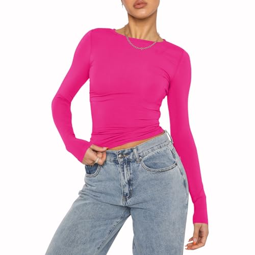 OYIGELZ Damen Langarmshirt Rundhals Slim Fit Y2K Oberteile Basic Crop Tops Casual Streetwear t Shirt(Rosa-06,S) von OYIGELZ