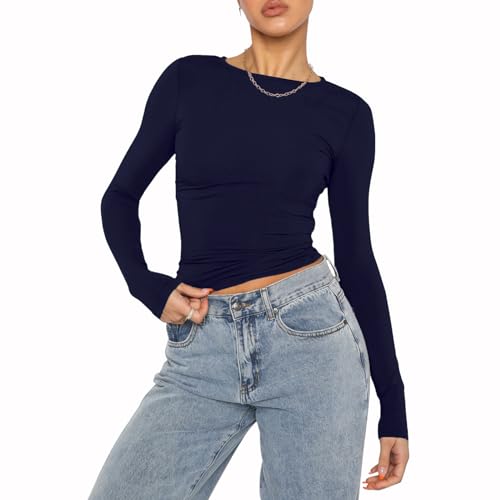 OYIGELZ Damen Langarmshirt Rundhals Slim Fit Y2K Oberteile Basic Crop Tops Casual Streetwear t Shirt(Tibetisch Blau-06,L) von OYIGELZ