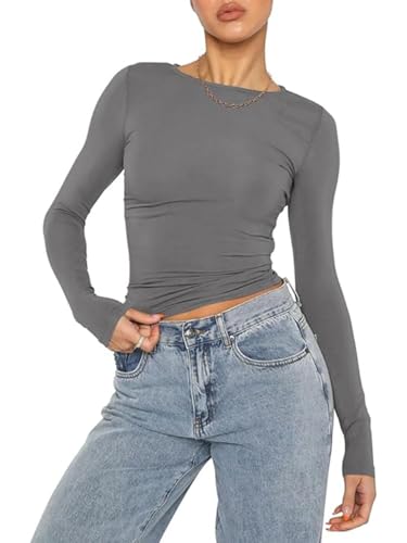 OYIGELZ Damen Langarmshirt Rundhals Slim Fit Y2K Oberteile Klassischer Basic Crop Tops Casual Streetwear t Shirt(Grau-06,XXL) von OYIGELZ