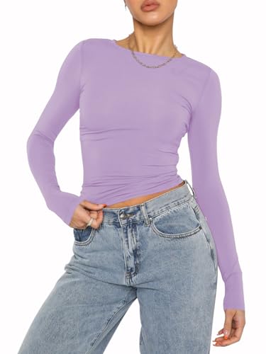 OYIGELZ Damen Langarmshirt Rundhals Slim Fit Y2K Oberteile Klassischer Basic Crop Tops Casual Streetwear t Shirt(HellLila-06,XL) von OYIGELZ