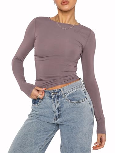 OYIGELZ Damen Langarmshirt Rundhals Slim Fit Y2K Oberteile Klassischer Basic Crop Tops Casual Streetwear t Shirt(Leder Rosa-06,XS) von OYIGELZ