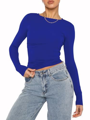 OYIGELZ Damen Langarmshirt Rundhals Slim Fit Y2K Oberteile Klassischer Basic Crop Tops Casual Streetwear t Shirt(Saphirblau-06,XXL) von OYIGELZ