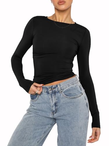 OYIGELZ Damen Langarmshirt Rundhals Slim Fit Y2K Oberteile Klassischer Basic Crop Tops Casual Streetwear t Shirt(Schwarz-06,XXL) von OYIGELZ