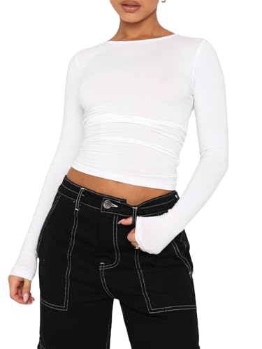 OYIGELZ Damen Langarmshirt Rundhals Slim Fit Y2K Oberteile Klassischer Basic Crop Tops Casual Streetwear t Shirt(Weiß-06,XXL) von OYIGELZ