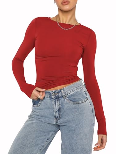 OYIGELZ Damen Langarmshirt Rundhals Tshirt Slim Fit Y2K Oberteile Basic Crop Tops Casual Streetwear(Rot-06,M) von OYIGELZ