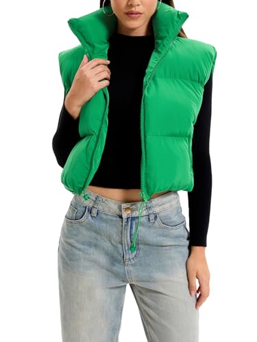 OYIGELZ Damen Steppweste Fashion Stehkragen Reißverschluss Kurze Female Weste Gefütterte Pufferweste Jacken Mäntel(Grün-W,M) von OYIGELZ