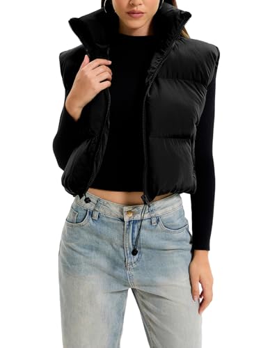 OYIGELZ Damen Steppweste Fashion Stehkragen Reißverschluss Kurze Female Weste Gefütterte Pufferweste Jacken Mäntel(Schwarz-W,M) von OYIGELZ