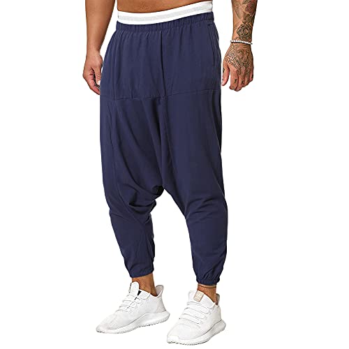 OYIGELZ Jogginghose Herren Baumwolle Haremshose Ausbildung Hose Weite Beine Yogahose Lose Reine Farbe Hip Länge Hose mit Hosentaschen Hose Aladinhose(Dunkelblau,3XL) von OYIGELZ