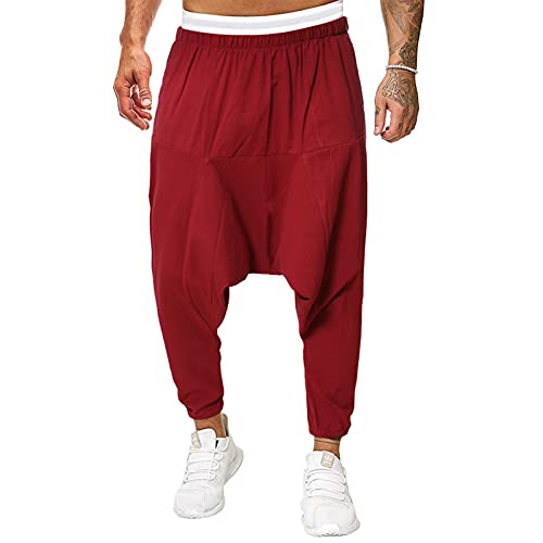 OYIGELZ Jogginghose Herren Baumwolle Haremshose Ausbildung Hose Weite Beine Yogahose Lose Reine Farbe Hip Länge Hose mit Hosentaschen Hose Aladinhose(Rot,3XL) von OYIGELZ