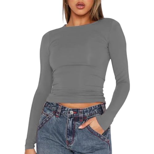 OYIGELZ Langarmshirt Damen Klassischer Basic Crop Tops Rundhals Slim Fit Y2K Oberteile Casual Streetwear t Shirt(Grau-Q1,S) von OYIGELZ