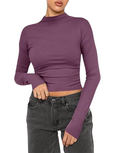 OYIGELZ Langarmshirt Damen Tshirts Rundhals Slim Fit Basic Oberteil Y2K Crop Tops Stretch Baumwolle Pullover Casual Tunika Streetwear(Dunkel Lila-Z1,M) von OYIGELZ