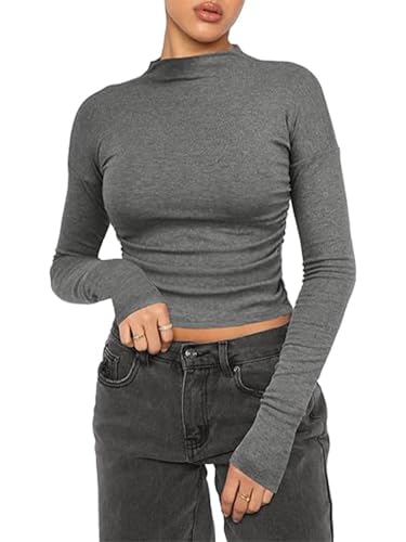 OYIGELZ Langarmshirt Damen Tshirts Rundhals Slim Fit Basic Oberteil Y2K Crop Tops Stretch Baumwolle Pullover Casual Tunika Streetwear(Dunkelgrau-L1,M) von OYIGELZ