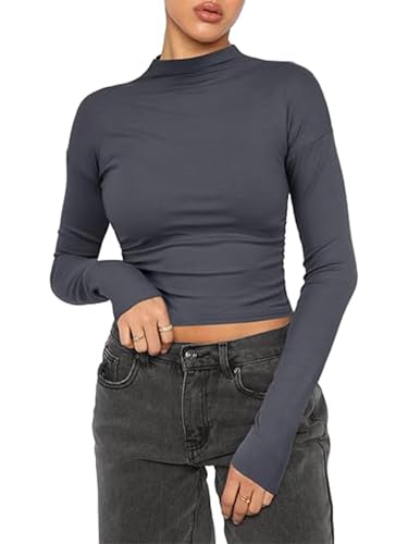 OYIGELZ Langarmshirt Damen Tshirts Rundhals Slim Fit Basic Oberteil Y2K Crop Tops Stretch Baumwolle Pullover Casual Tunika Streetwear(Grau-Z1,XL) von OYIGELZ