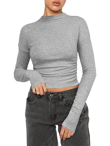 OYIGELZ Langarmshirt Damen Tshirts Rundhals Slim Fit Basic Oberteil Y2K Crop Tops Stretch Baumwolle Pullover Casual Tunika Streetwear(Hellgrau-L1,M) von OYIGELZ