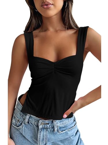 OYIGELZ Tank Top Damen Summer Träger Top Ärmellose Camisole Oberteile Y2K Slim Fit Crop Tops Seitenschlitz Rückenfrei Sexy Plissiert Elegant Basic Cami Tanktop Shirt Streetwear(Schwarz,S) von OYIGELZ