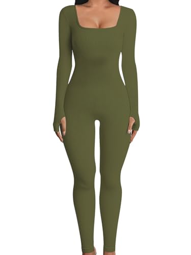 OYIGELZ Yoga Jumpsuit Damen Einteiligem Gerippte Strick Langarm Sport Workout jumpsuits Hosenanzug Trainingsanzug Eckigem Ausschnitt Figurbetontem Kuscheliger Overall(Armeegrün-J,L) von OYIGELZ