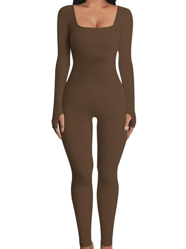 OYIGELZ Yoga Jumpsuit Damen Einteiligem Gerippte Strick Langarm Sport Workout jumpsuits Hosenanzug Trainingsanzug Eckigem Ausschnitt Figurbetontem Kuscheliger Overall(Braun-J,M) von OYIGELZ