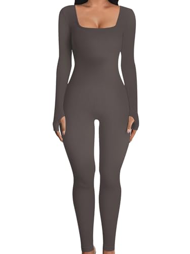 OYIGELZ Yoga Jumpsuit Damen Einteiligem Gerippte Strick Langarm Sport Workout jumpsuits Hosenanzug Trainingsanzug Eckigem Ausschnitt Figurbetontem Kuscheliger Overall(Grau-J,S) von OYIGELZ