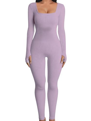 OYIGELZ Yoga Jumpsuit Damen Einteiligem Gerippte Strick Langarm Sport Workout jumpsuits Hosenanzug Trainingsanzug Eckigem Ausschnitt Figurbetontem Kuscheliger Overall(Hell Lila-J,M) von OYIGELZ