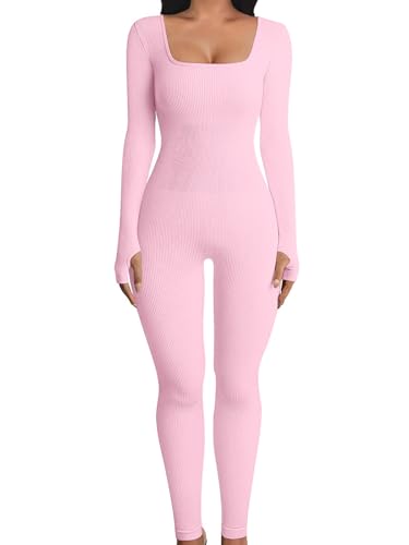 OYIGELZ Yoga Jumpsuit Damen Einteiligem Gerippte Strick Langarm Sport Workout jumpsuits Hosenanzug Trainingsanzug Eckigem Ausschnitt Figurbetontem Kuscheliger Overall(Hellrosa-J,L) von OYIGELZ