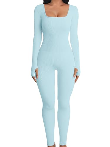 OYIGELZ Yoga Jumpsuit Damen Einteiligem Gerippte Strick Langarm Sport Workout jumpsuits Hosenanzug Trainingsanzug Eckigem Ausschnitt Figurbetontem Kuscheliger Overall(Himmelblau-J,L) von OYIGELZ