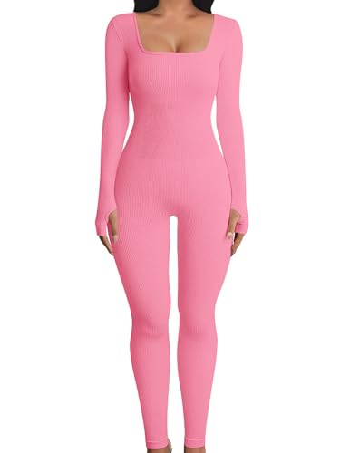 OYIGELZ Yoga Jumpsuit Damen Einteiligem Gerippte Strick Langarm Sport Workout jumpsuits Hosenanzug Trainingsanzug Eckigem Ausschnitt Figurbetontem Kuscheliger Overall(Rosa-J,S) von OYIGELZ