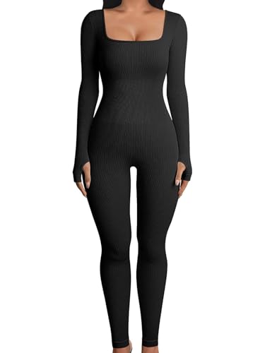 OYIGELZ Yoga Jumpsuit Damen Einteiligem Gerippte Strick Langarm Sport Workout jumpsuits Hosenanzug Trainingsanzug Eckigem Ausschnitt Figurbetontem Kuscheliger Overall(Schwarz-J,S) von OYIGELZ