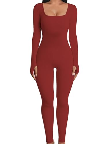OYIGELZ Yoga Jumpsuit Damen Einteiligem Gerippte Strick Langarm Sport Workout jumpsuits Hosenanzug Trainingsanzug Eckigem Ausschnitt Figurbetontem Kuscheliger Overall(WeinRot-J,S) von OYIGELZ