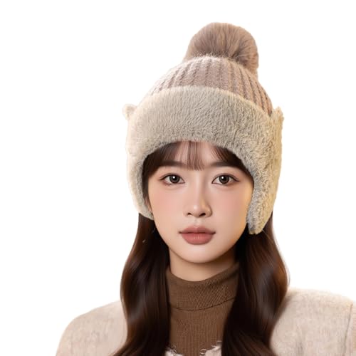 OYIWINMI Strickmützen für Damen, Mütze mit Bommel, Süßer und Niedlicher Stil Damen Mützen Winter,Mütze mit Ohren. (DE/NL/SE/PL, Numerisch, 46, Khaki) von OYIWINMI