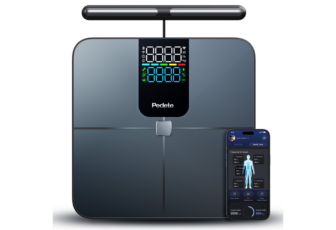 OYLCDI Körper-Analyse-Waage Messung von Körperfett, Muskelanteil, Kalorienanzeige usw., mit App zur Übertragung und Tracking der Messwerte, präzise Ganzkörpermessung von OYLCDI