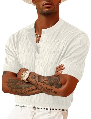OYOZONE Herren Strick-Poloshirts Kurzarm Textur Henley Shirts Strick-T-Shirts Casual Leichte Golf-Shirts, Weiss/opulenter Garten, L von OYOZONE