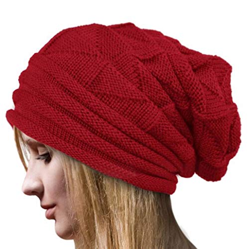 OYOSEH Damen Winter Häkelarbeit Hut Wollknit Beanie Warme Kappen Falten Mütze (Rot,Einheitsgröße) von OYSOHE