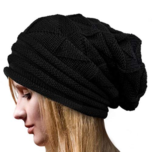 OYOSEH Damen Winter Häkelarbeit Hut Wollknit Beanie Warme Kappen Falten Mütze (Schwarz,Einheitsgröße) von OYSOHE