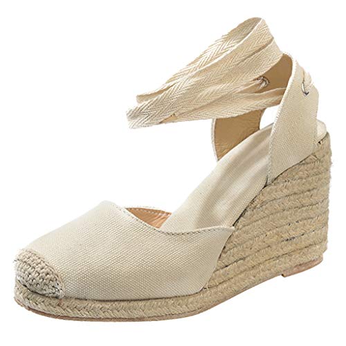 OYSOHE Damen Sandalen Frühling Sommer Casual Keilabsatz Schuhe Lace-Up Plateauschuhe Pumps(Beige,39 EU) von OYSOHE