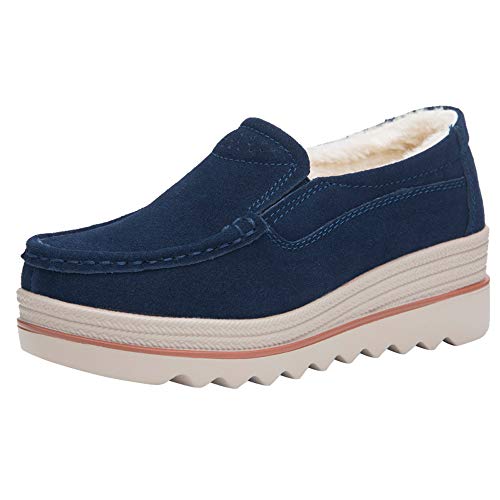 OYSOHE Damen Turnschuhe, Winter Warme Wildleder Wohnungen Muffin Schuhe Freizeitschuhe Creepers Mokassins Outdoor（Blau(Plus Baumwolle)，38 EU） von OYSOHE