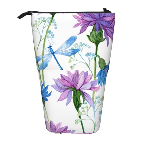 OYVDUAZB Aquarell Blaue Blumenlibelle, Teleskop-Federmäppchen, Ständer, Stifthalter, Make-up-Tasche, Bleistiftbeutel, Stifttasche von OYVDUAZB