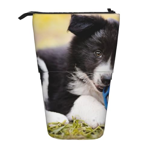 OYVDUAZB Border-Collie-Hunde-Welpen-Haustier-schwarzer Rand, Teleskop-Federmäppchen, Ständer, Stifthalter, Make-up-Tasche, Bleistiftbeutel, Stifttasche von OYVDUAZB