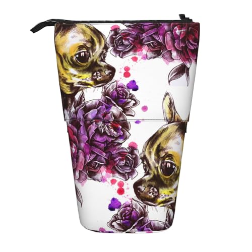 OYVDUAZB Chihuahua und Rose, Teleskop-Federmäppchen, Ständer, Stifthalter, Make-up-Tasche, Bleistiftbeutel, Stifttasche von OYVDUAZB